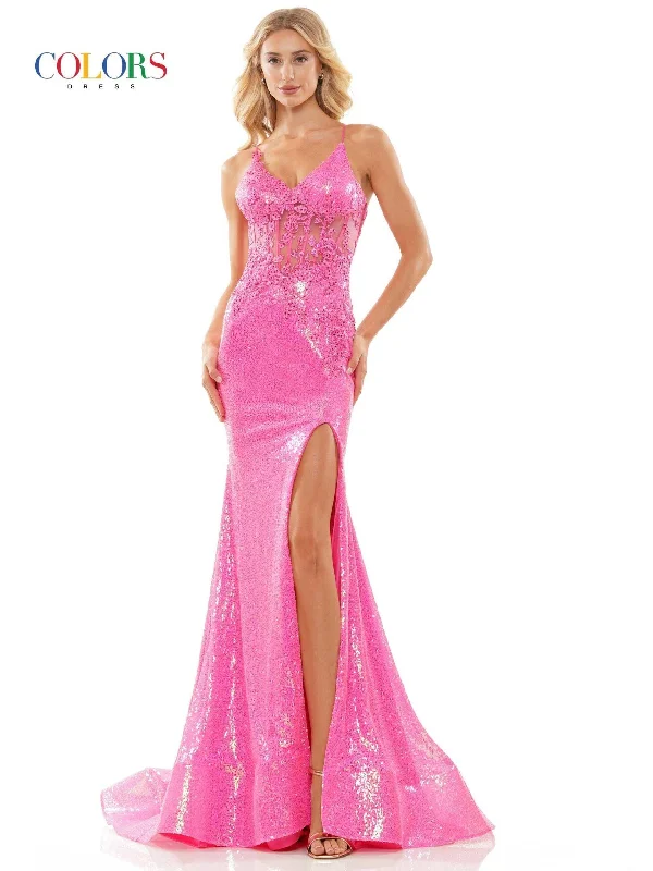 Colors 2848 Colors Long Spaghetti Strap Prom Dress Hot Pink