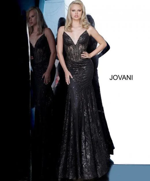 Jovani 3675 Prom Long Spaghetti Straps Mermaid Gown Black