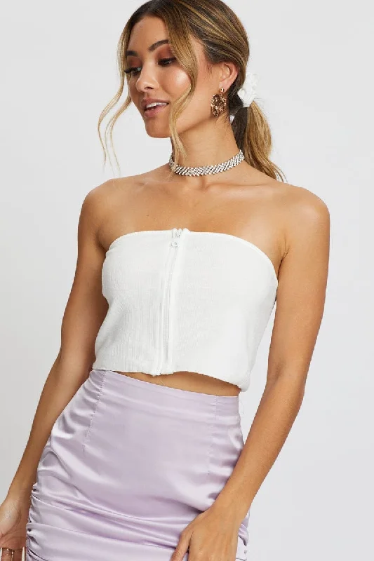 White Zip Front Bandeau Top