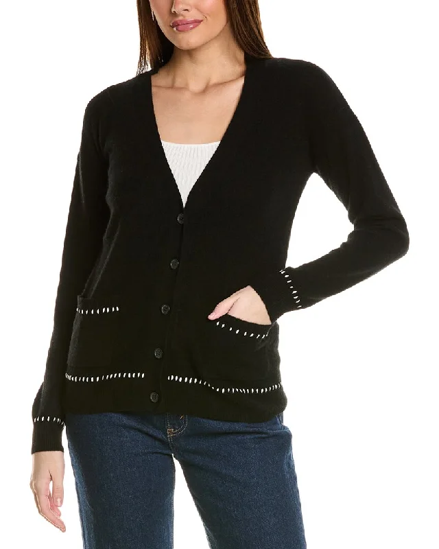 Amicale Cashmere Whipstitch V-Neck Cashmere Cardigan