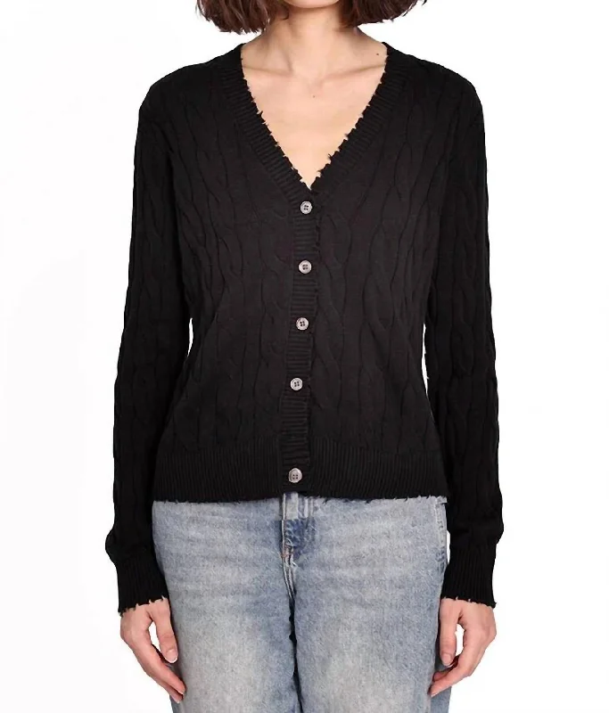 Cotton Frayed Cable Cardigan In Black