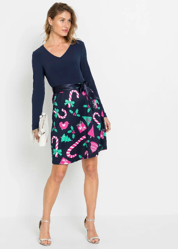 Holiday Print Twofer Dress - Navy Multi