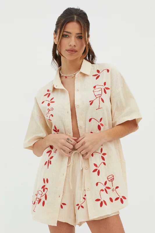 Ciao Ciao Embroidered Button-Up Shirt Oat