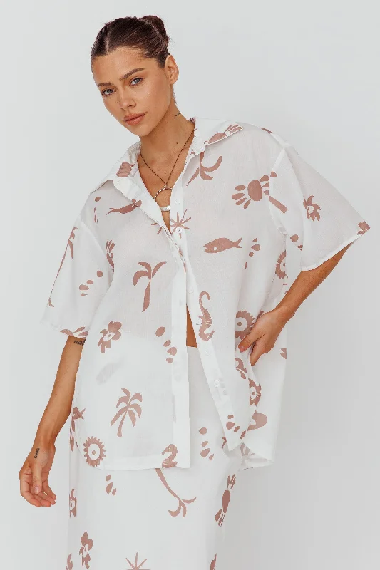 Light Aura Button Up Shirt Print White Tan