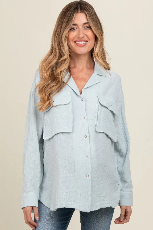 Light Blue Cotton Gauze Button Down Maternity Shirt