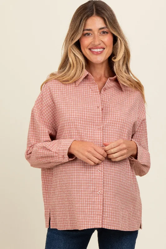 Pink Checker Plaid Button Down Maternity Shirt