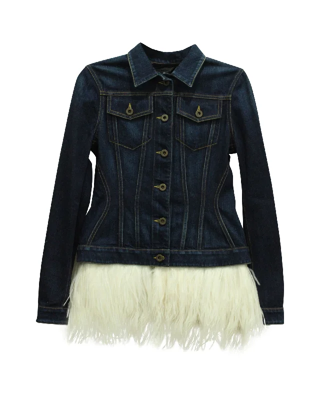 Burberry Feather Trimmed Denim Jacket in Blue Cotton