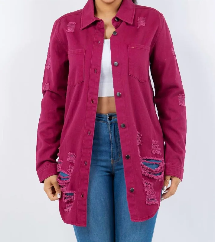 Distressed Button Up Long Sleeve Denim Jacket In Deep Purple