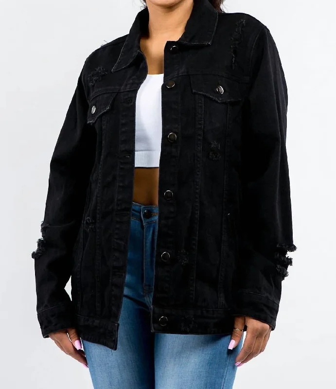 Distressed Denim Button-Up Jacket In Black