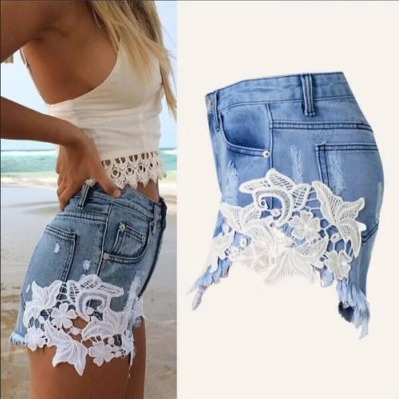 European And American Short En Jeans Women Summer High Waist Ripped Jean Shorts For Women Sexy Lace Stitching Denim Shorts