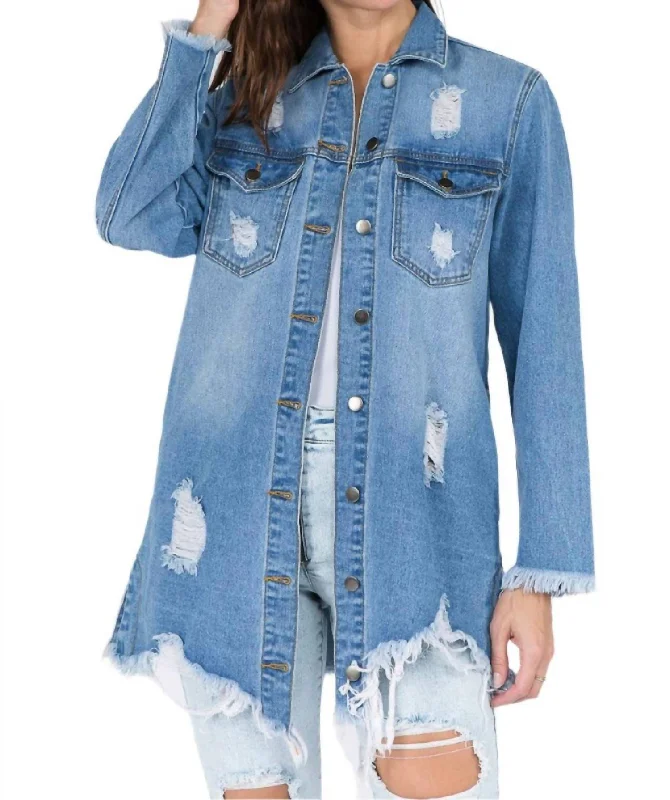 Frayed Hem Denim Jacket In Blue