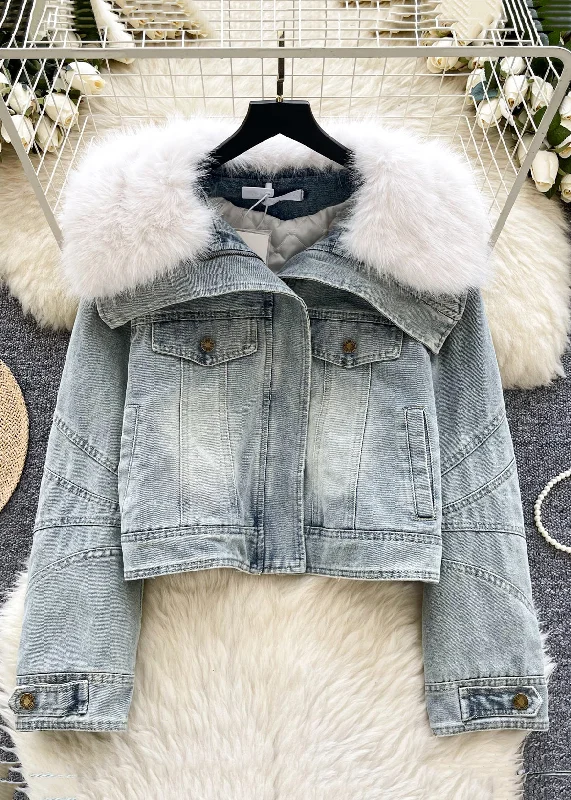 French Blue Fur Collar Zippered Thick Denim Coat Winter