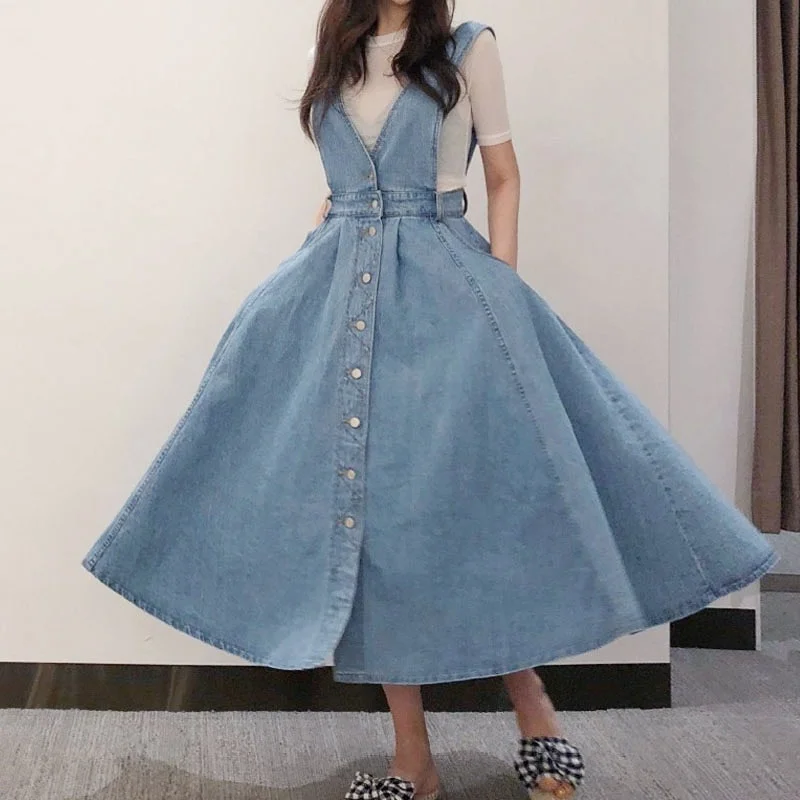 NORMOV Denim Dress Women Fashion Solid V Neck Sleeveless Backless With Button Pocket Mid Calf Cotton Strap Dress Office Lady