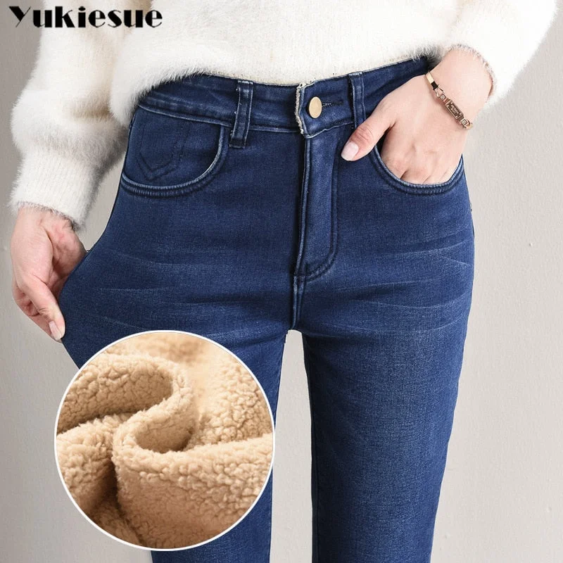 Winter Jeans Female High Waist Denim Skinny Warm Thick Jeans for women Mujer Plus Size Velvet Pants Stretch Pantalon Femme