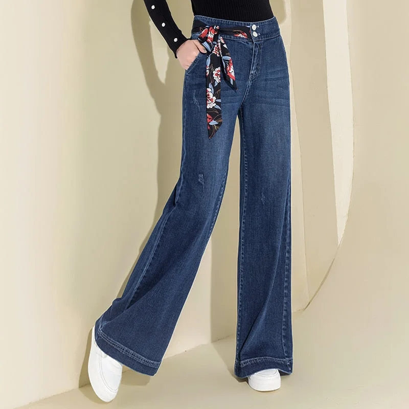 Women Denim High Waist Jeans Wide Leg Pants Vintage Baggy Pants Casual Loose Full Length Pants Drawstring Palazzo Retro Trousers