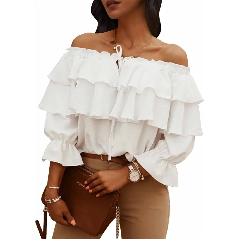 Women's Off Shoulder Ruffle Long Sleeve Shirt Casual Layered Top