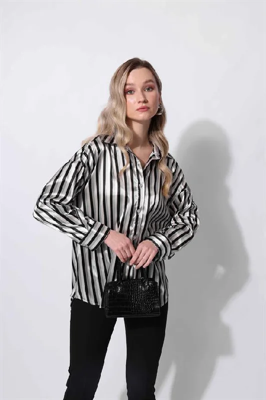 Women's Satin Striped Shirt Black