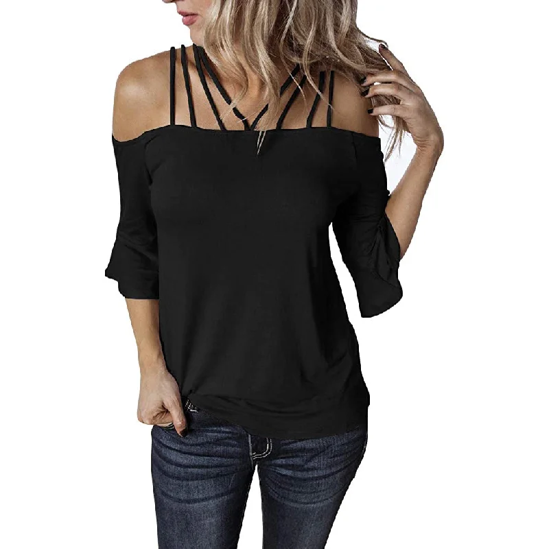 Womens Spaghetti Straps Cold Shoulder Shirts