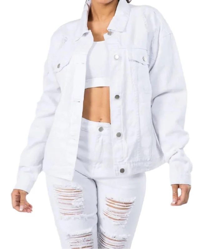 Graphic Distressed Denim Jacket In White