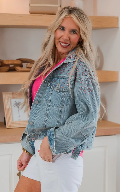 Pink Embellished Gem Studded Denim Jacket - Final Sale