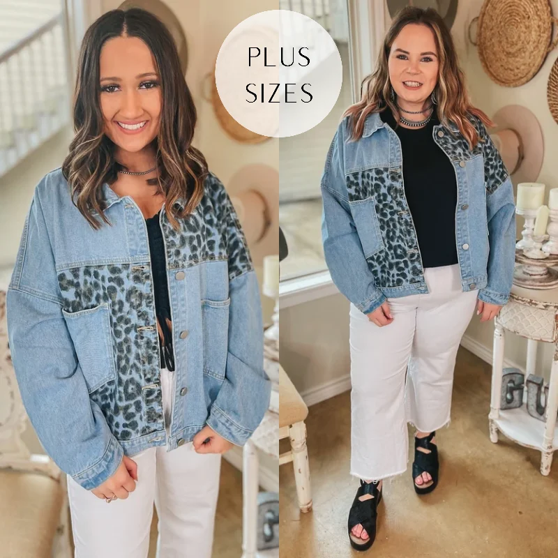 Plus Sizes | Downtown Dallas Large Pocket Leopard Mix Denim Jacket in Light Wash