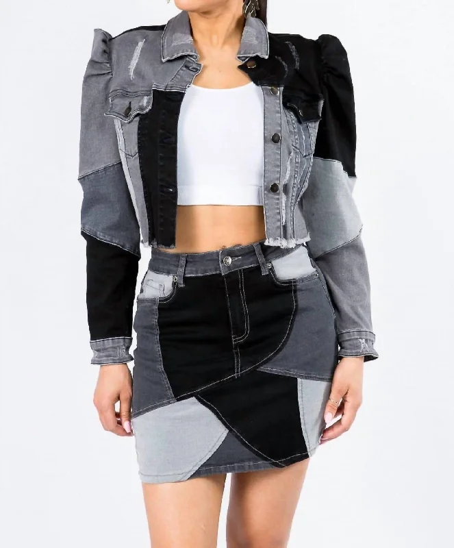 Trendy Cropped Denim Jacket With Puff Sleeves In Black