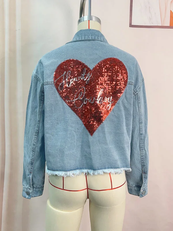 Women's love sequin denim jacket raw edge short top