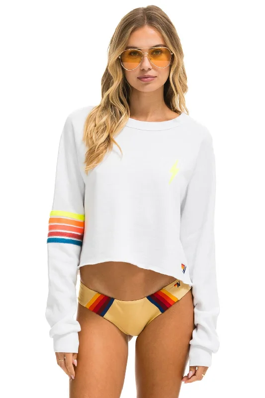 BOLT RUGBY STITCH CROPPED CREW SWEATSHIRT - WHITE // NEON RAINBOW