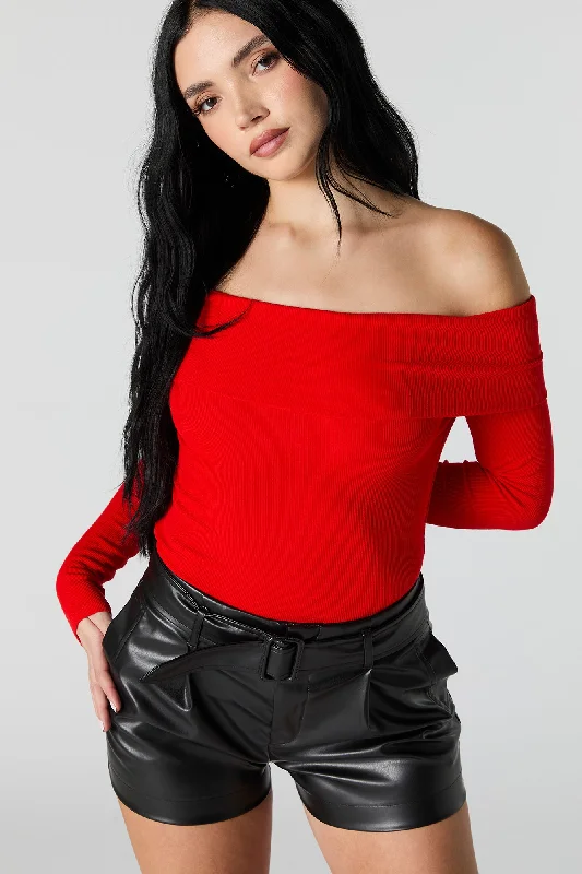 Ribbed Off Shoulder Long Sleeve Top