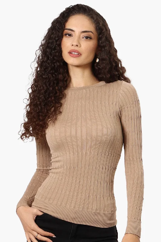 Magazine Solid Ribbed Crewneck Long Sleeve Top - Beige