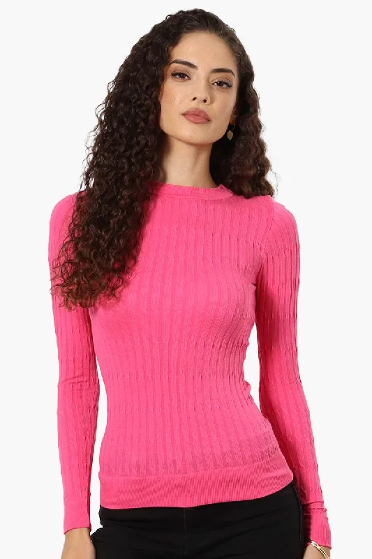 Magazine Solid Ribbed Crewneck Long Sleeve Top - Pink