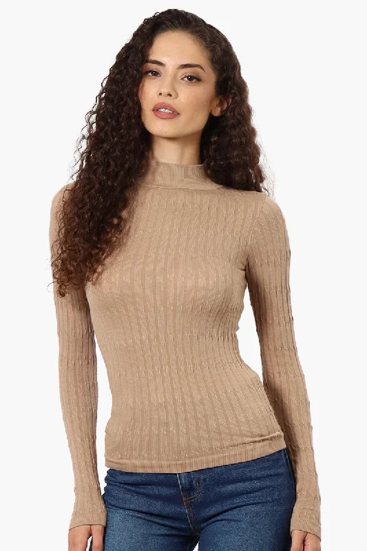 Magazine Ribbed Mock Neck Long Sleeve Top - Beige