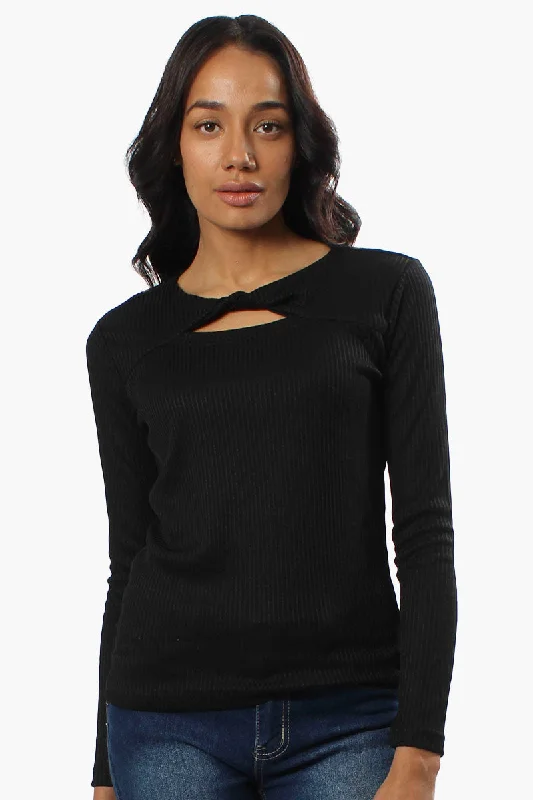 Magazine Ribbed Front Twist Long Sleeve Top - Black