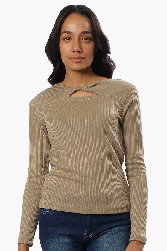 Magazine Ribbed Front Twist Long Sleeve Top - Beige