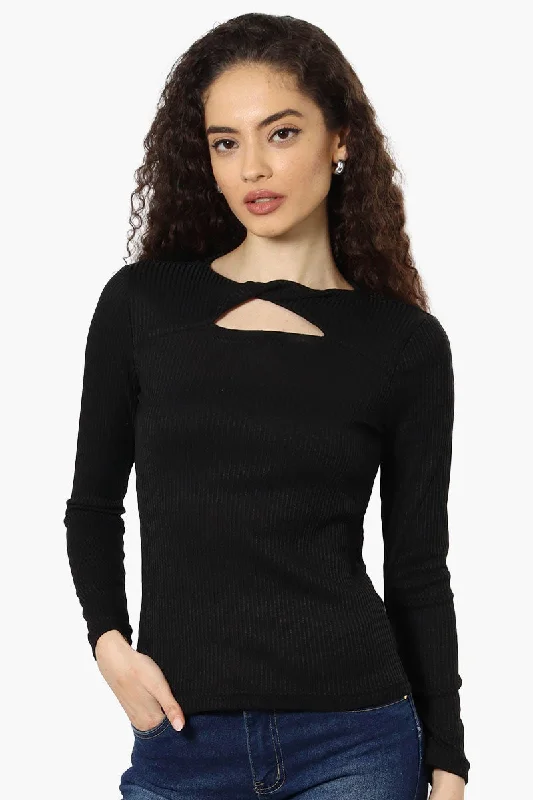 Magazine Ribbed Front Twist Long Sleeve Top - Black