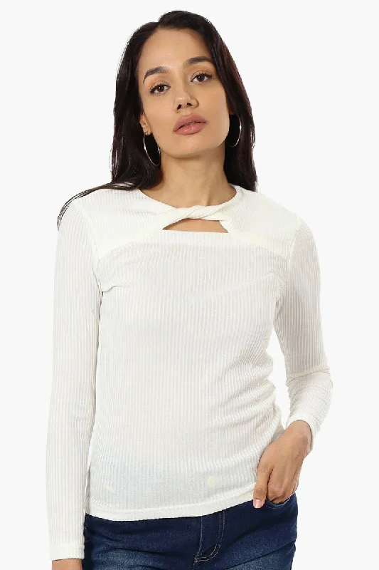 Magazine Ribbed Front Twist Long Sleeve Top - White