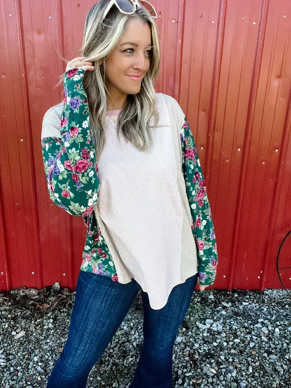 Festive Blooms - Stripe and Floral Color Block Long Sleeve Top