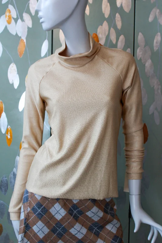 Vintage 1970s Gold Knit Mock Neck Long Sleeve Top, Small