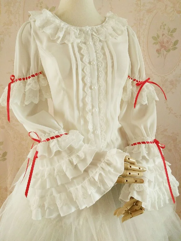 Yilia~Retro Red Bow Princess Long Sleeve Lolita Blouse