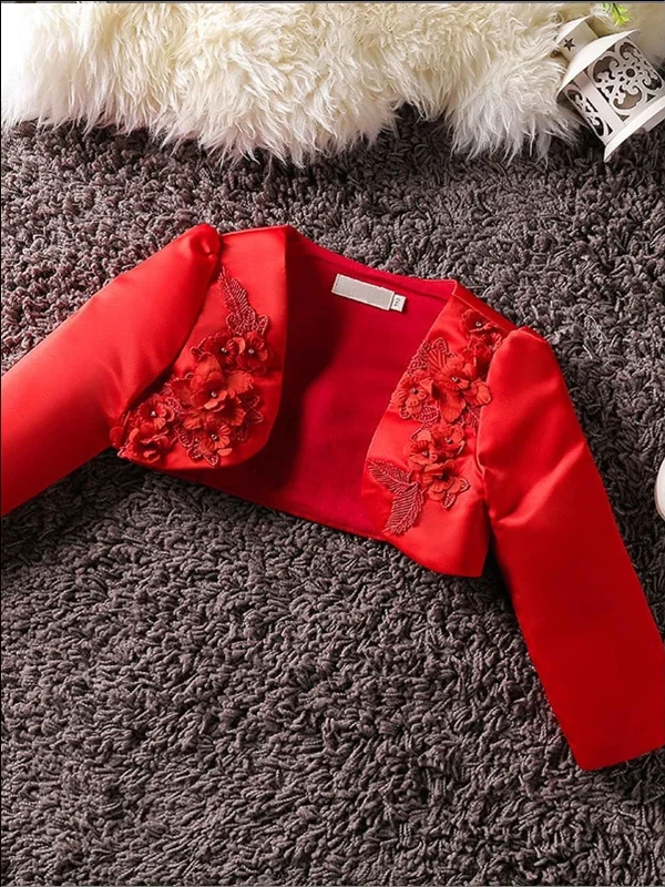 Girls 3D Flower Detail Satin Long Sleeve Bolero