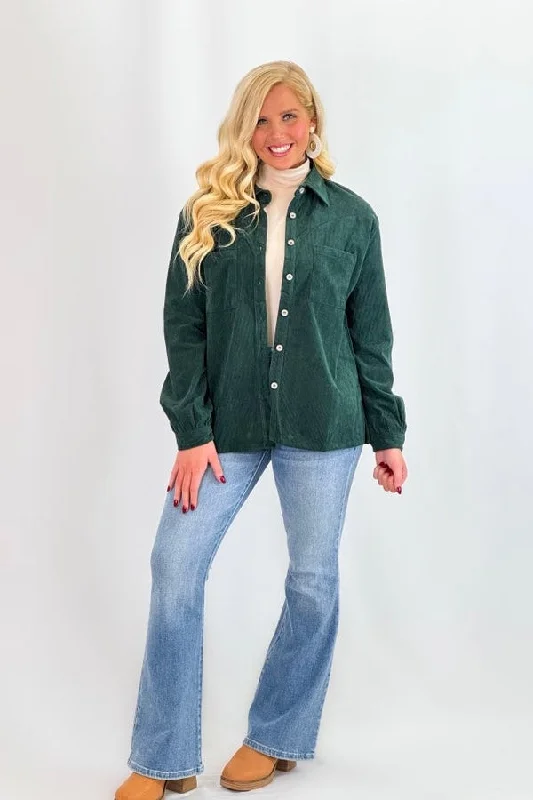 Hunter Green Corduroy Long Sleeve Pocket Top