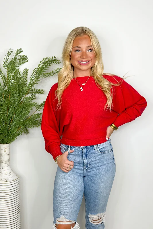 True Red Boatneck Long Sleeve Top