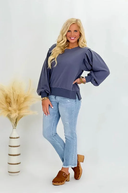 Dusty Navy Loose Fit Bubble Long Sleeve Top