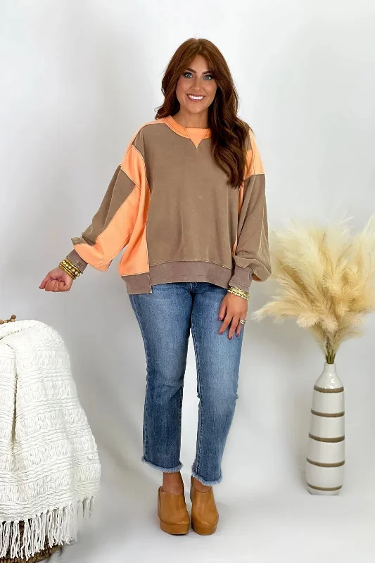 Mocha Long Sleeve Color Block Top