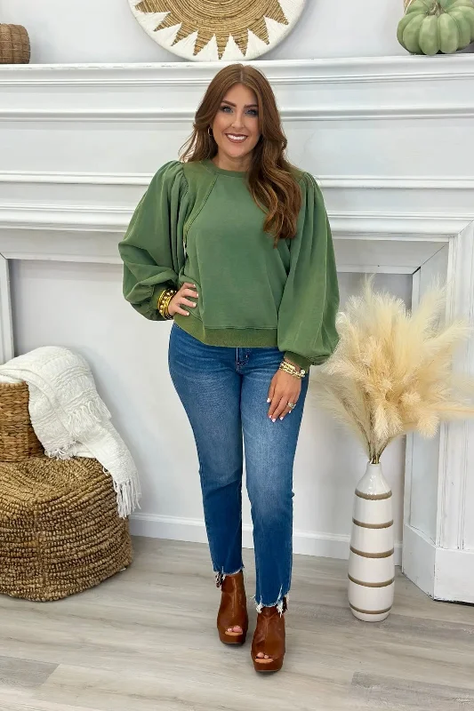 Hunter Green Washed Puff Sleeve Long Sleeve Top