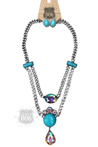 806 By Pink Panache Turquoise Rhinestone Layered Charmed Necklace Set With Matching Earrings