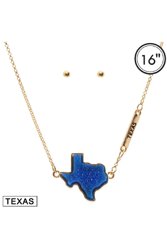 Blue Druzy Texas Pendant Necklace Set.