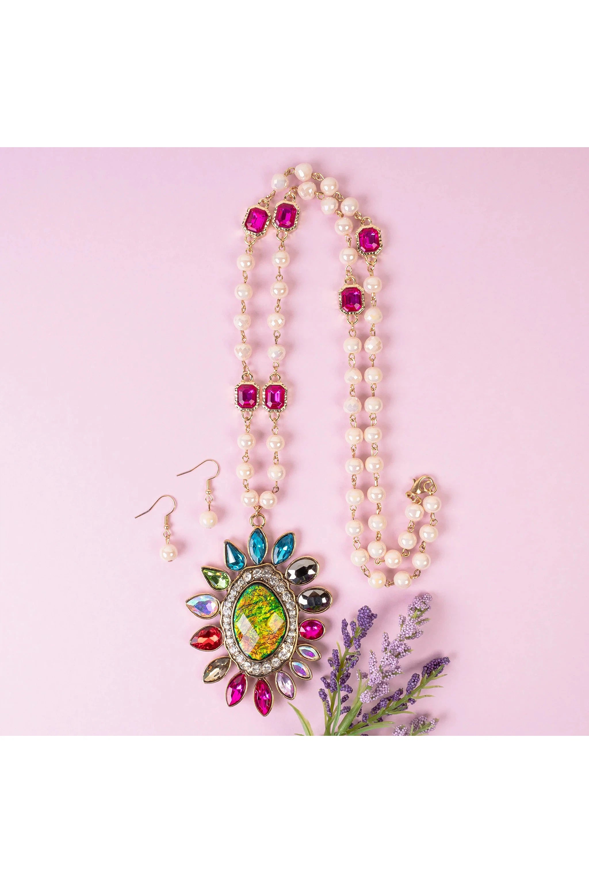 Bright Cosmic Rhinestone Flower Pendant Necklace Set