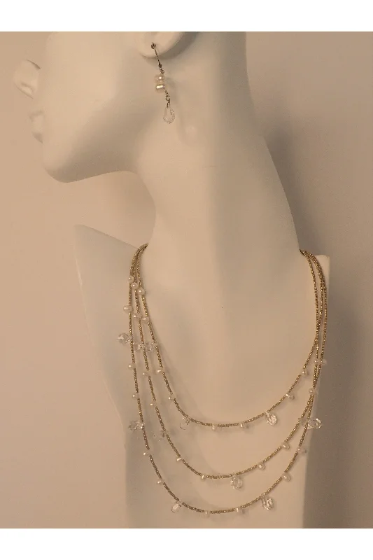 Essence Collection Crystal And Pearl Three Strand Gold Necklace Set