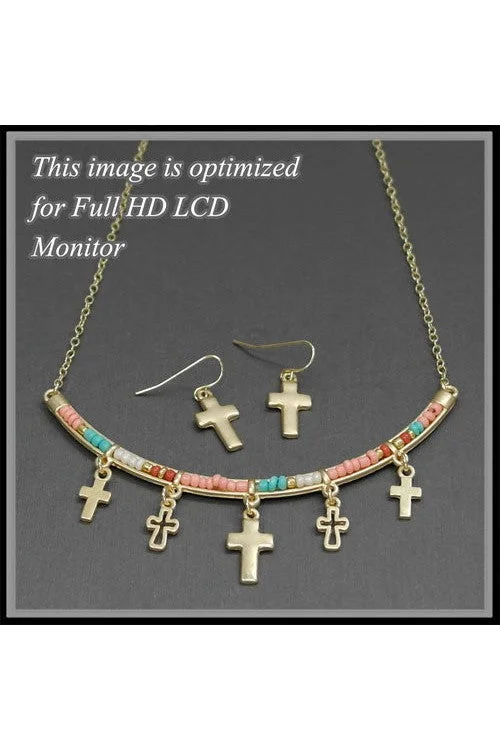 Divine Cross Duo Seed Bead Bar Necklace & Earrings Set